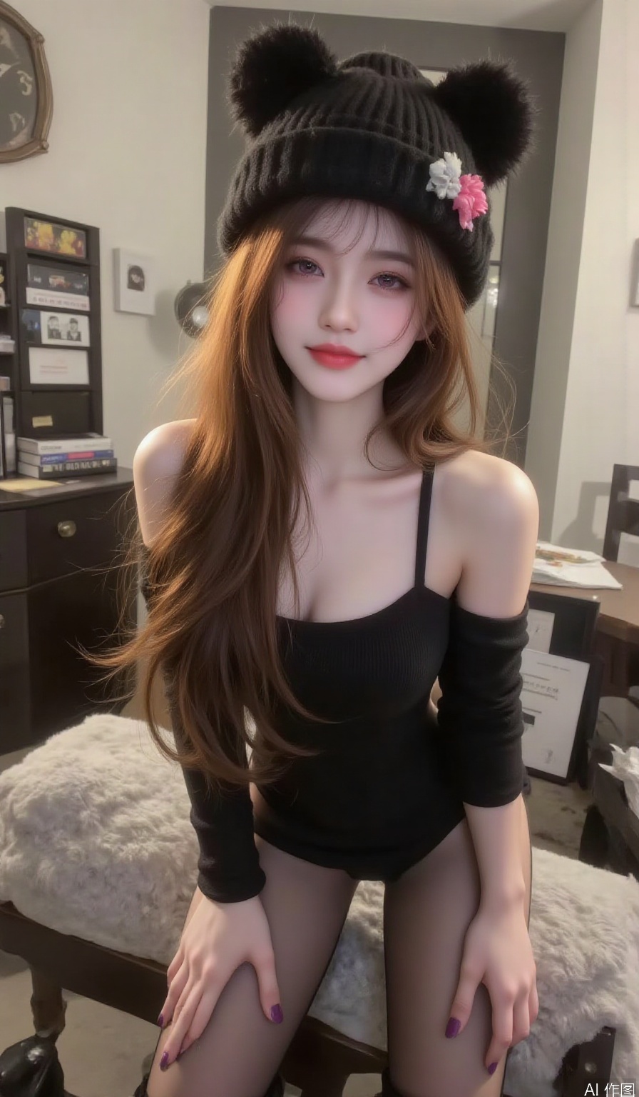 1 Taiwanese girl,1girl, solo, long hair, breasts, looking at viewer, blush, smile, waist length scarlet hair, wearing a bear woolen hat,dress, cleavage, bare shoulders,leaning forward, purple eyes, flower, pantyhose, boots, detached sleeves, armpits, nail polish, black dress, black pantyhose, black headwear,  purple nails, selfie