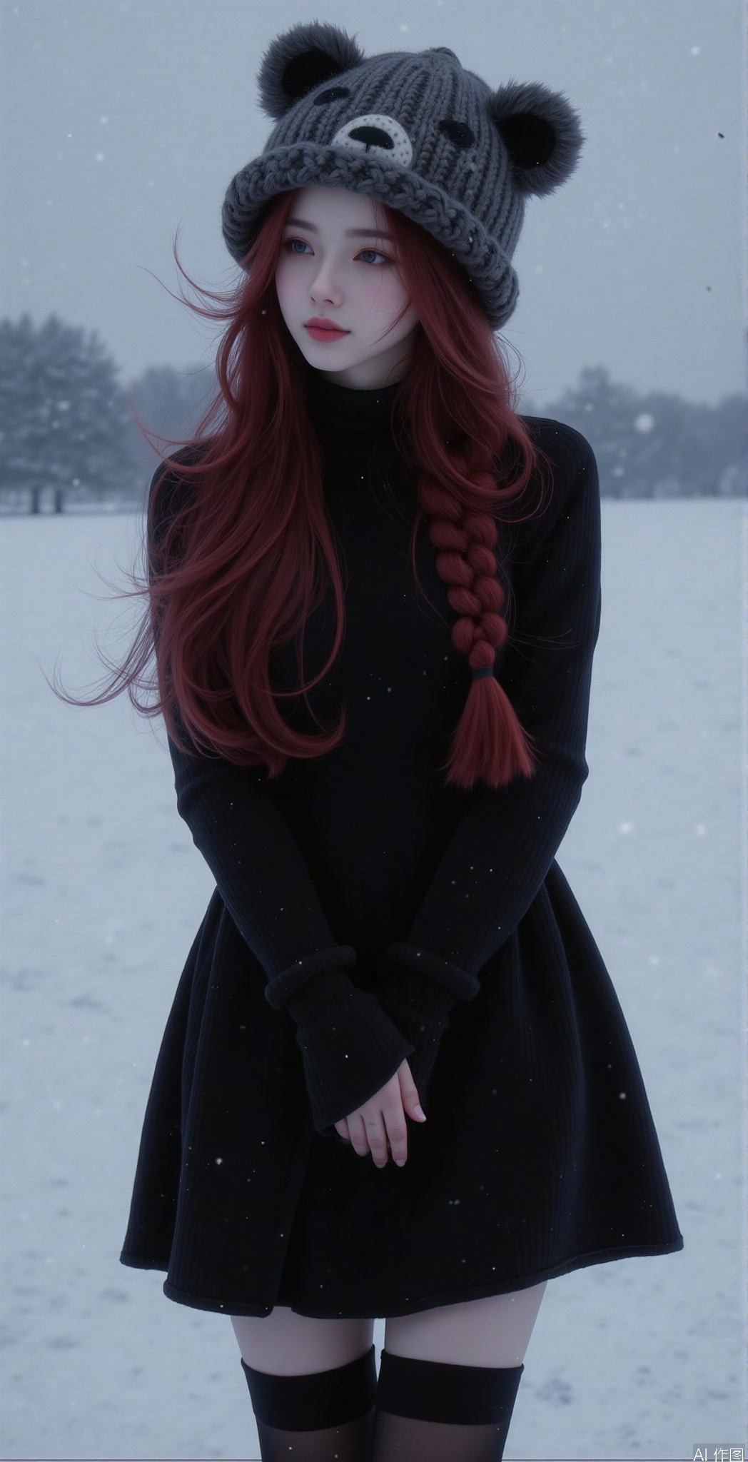 1girl, solo, long hair,braid,waist length scarlet hair,wearing a bear woolen hat,breasts, looking at viewe,black tights, cutouts, black dress, realistic,snow,fog