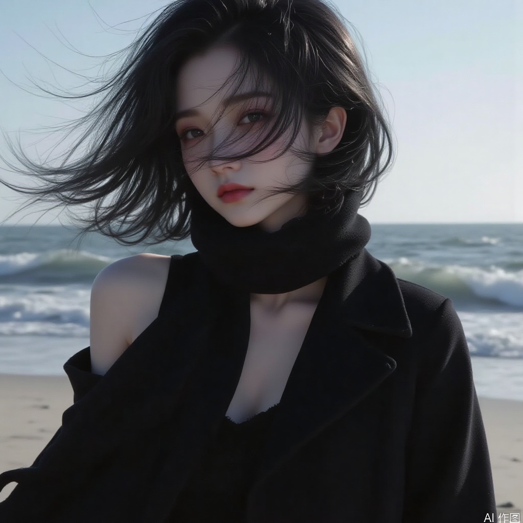 1girl, solo, short hair, breasts, looking at viewer, black hair, open clothes,black coat,wind,beach,abs,from_side,portrait,cleavage