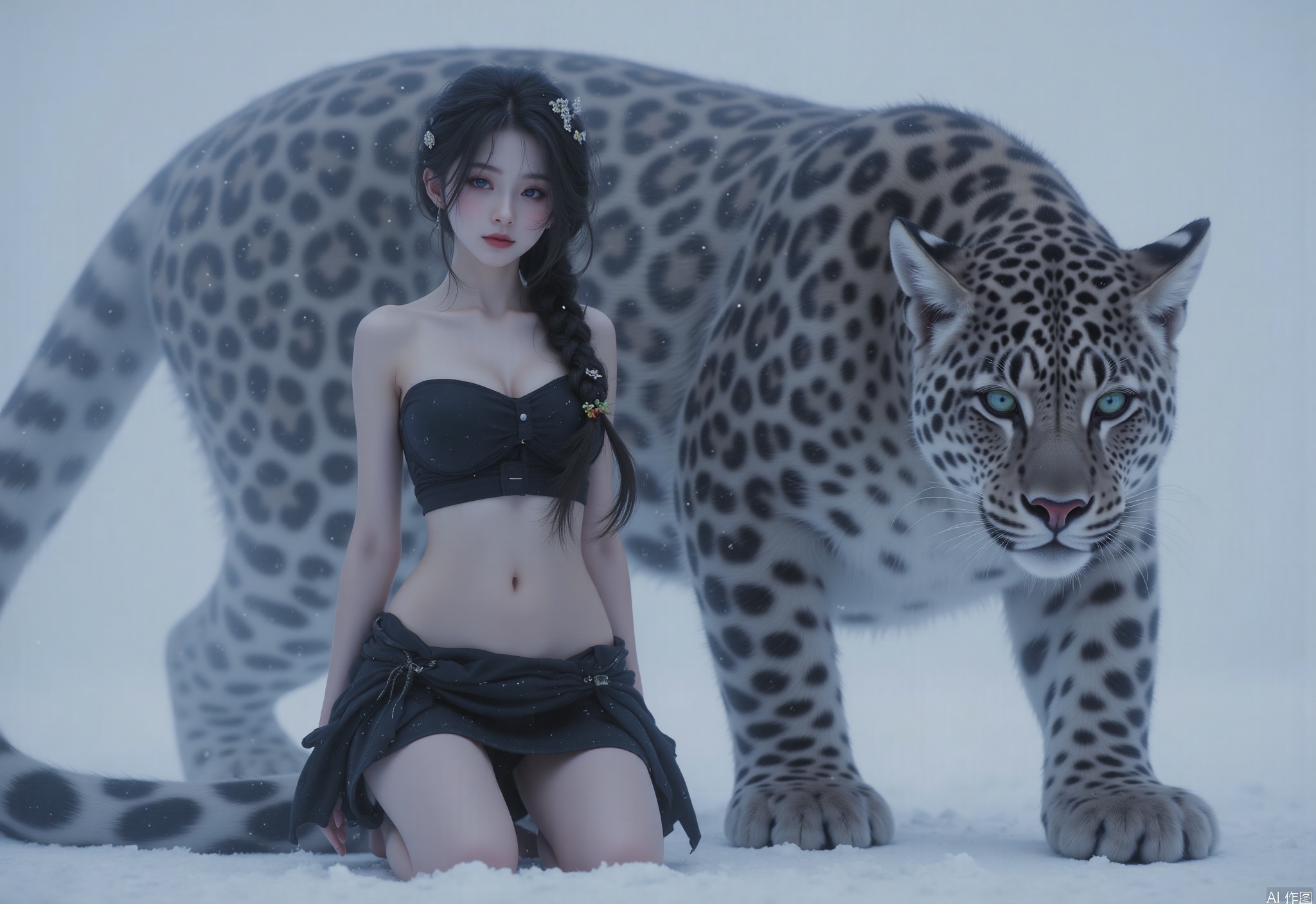 1girl, solo, long hair,braid,hair ornament, breasts, looking at viewer, black hair, navel,skirt, strapless,sitting, bandeau, kneeling, animal, underwear only, realistic,snow, big leopard,fog