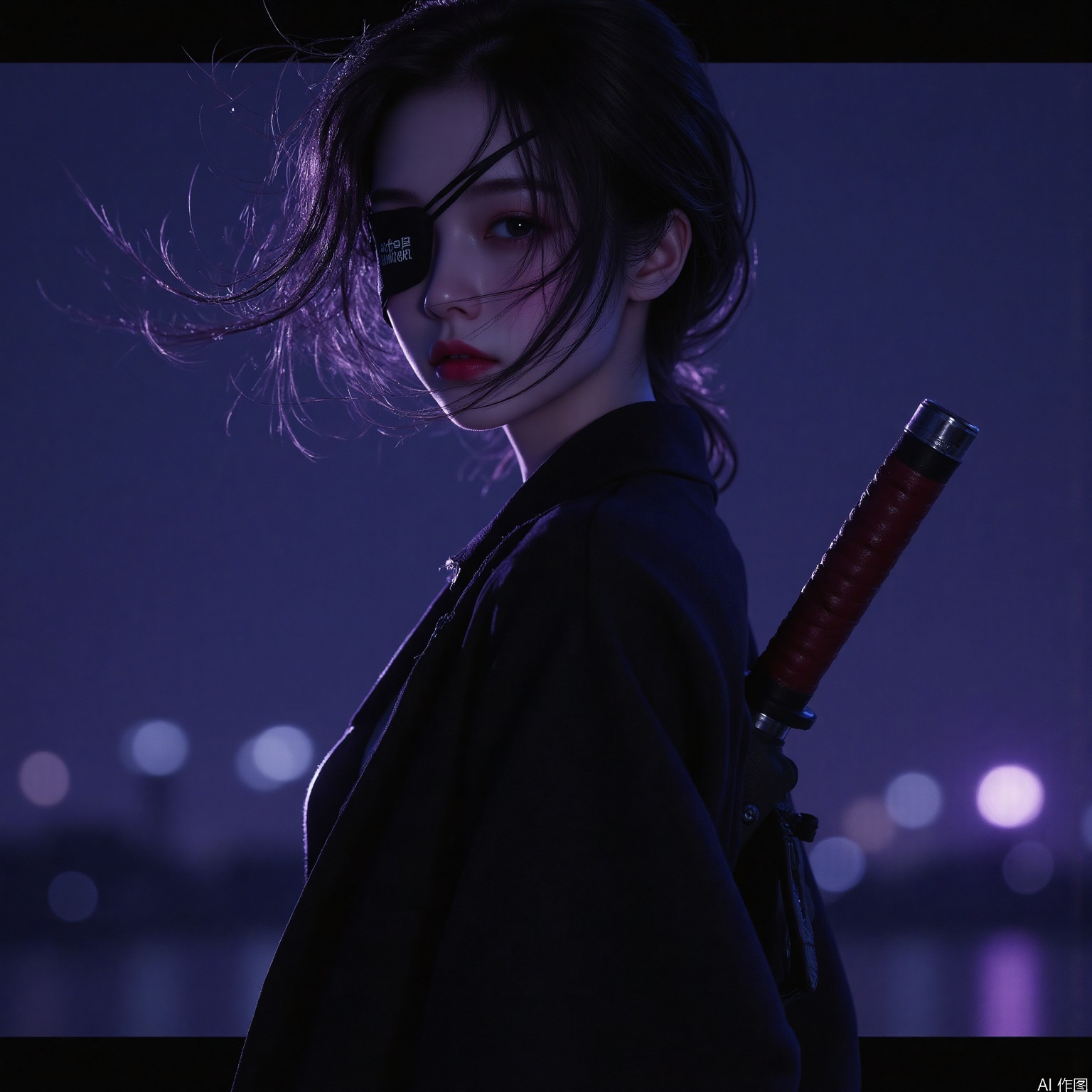 1girl, solo, short hair, breasts,eyepatch, looking at viewer, black hair, open clothes, coat,wind,from_side,portrait,night,neon lights,purple light,ninja,sword,back weapon