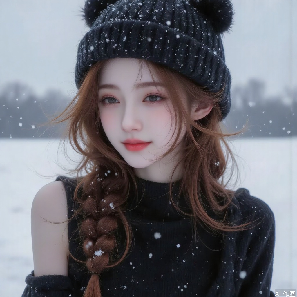 1girl, solo, long hair,braid,waist length scarlet hair,wearing a bear woolen hat,breasts, leaning forward, looking at viewe,cutouts, black dress, realistic,fog,play with snowballs, happy,sky,portrait,black hat