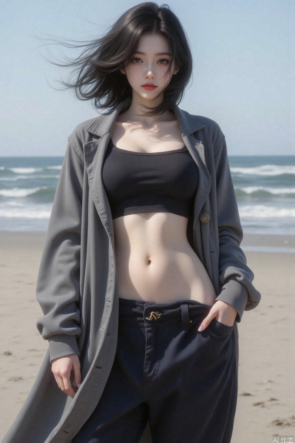 1girl, solo, short hair, breasts, looking at viewer, black hair, navel, open clothes, midriff, coat,pants slipped,fat,wind,beach,abs