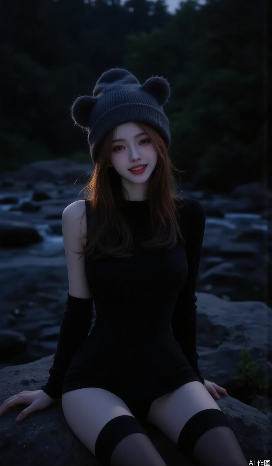 Masterpiece,highest quality,1 Taiwanese girl,waist length scarlet hair,closed scarlet eyes,light pink blush,showing fangs in a sweet smile,black tights, cutouts,black dress,thigh high black and gray Striped stockings,half turned to the viewer,sitting on a rock,dark night,summer,a river separates two forest banks,wearing a bear woolen hat,