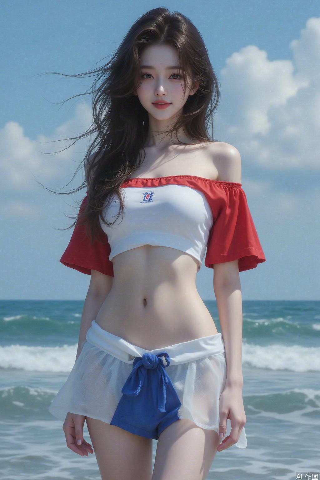 Korean girl, single, showing navel, long hair, brown hair, thighs, wearing shirt, outdoors, looking at viewer, realistic style, with water and sky, daytime, fair thighs, white tube top, short top, sea, lips, blue sky, short sleeves, smile, clouds, dark eyes, big eyes Eyes, plump breasts, plump breasts, chest, looking at the audience, looking at the screen, bare shoulders, collarbone, standing in the sea, (((upper body red short-sleeved, short top)), (((wearing a translucent The white gauze skirt and blue swimming trunks with the school team logo)) were soaked in the water and were soaked.