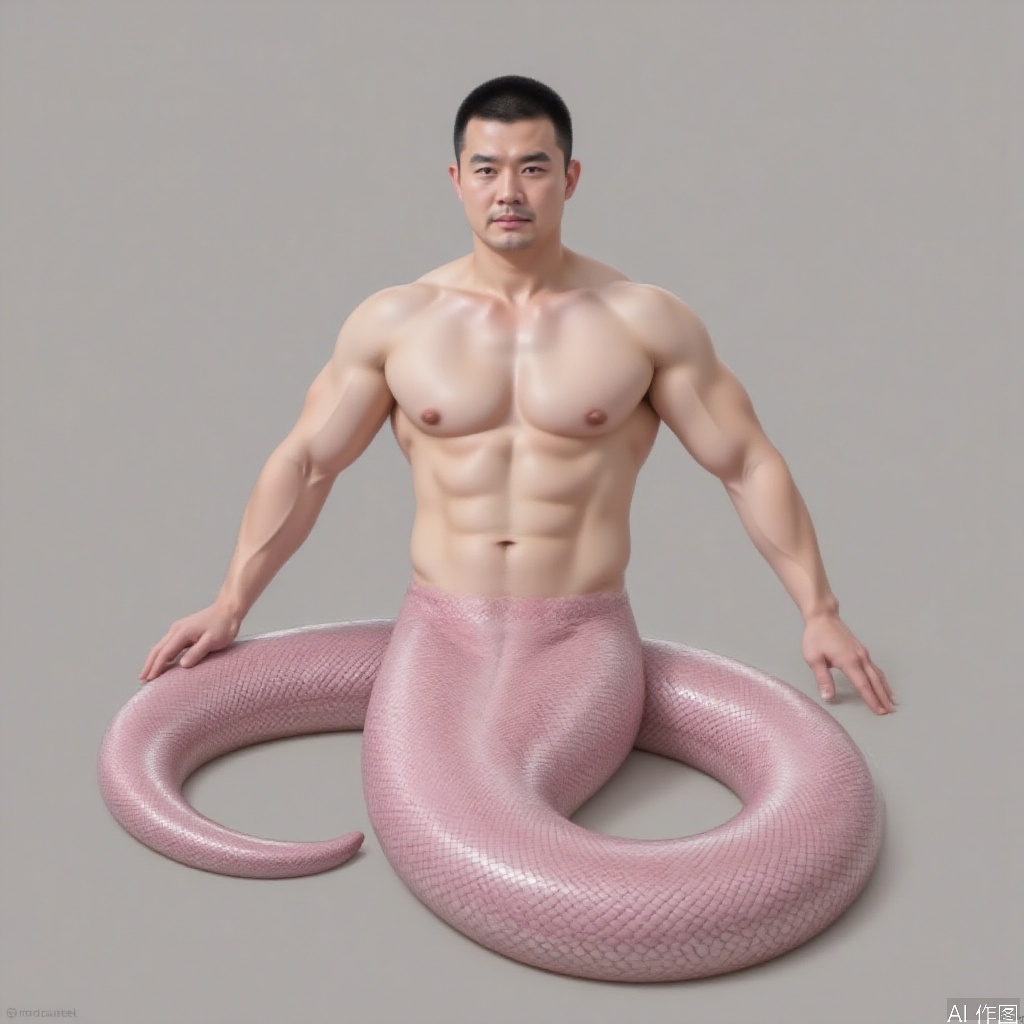 1man,mature male,Snake people,TGYWL,male,male human snake,Snake man male,Snake tail,pink snake tail,Snake scales,handsome,East Asian appearance,The waist resembles a mermaid,