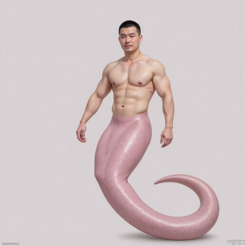 1man,mature male,Snake people,TGYWL,male,male human snake,Snake man male,Snake tail,pink snake tail,Snake scales,handsome,East Asian appearance,The waist resembles a mermaid,