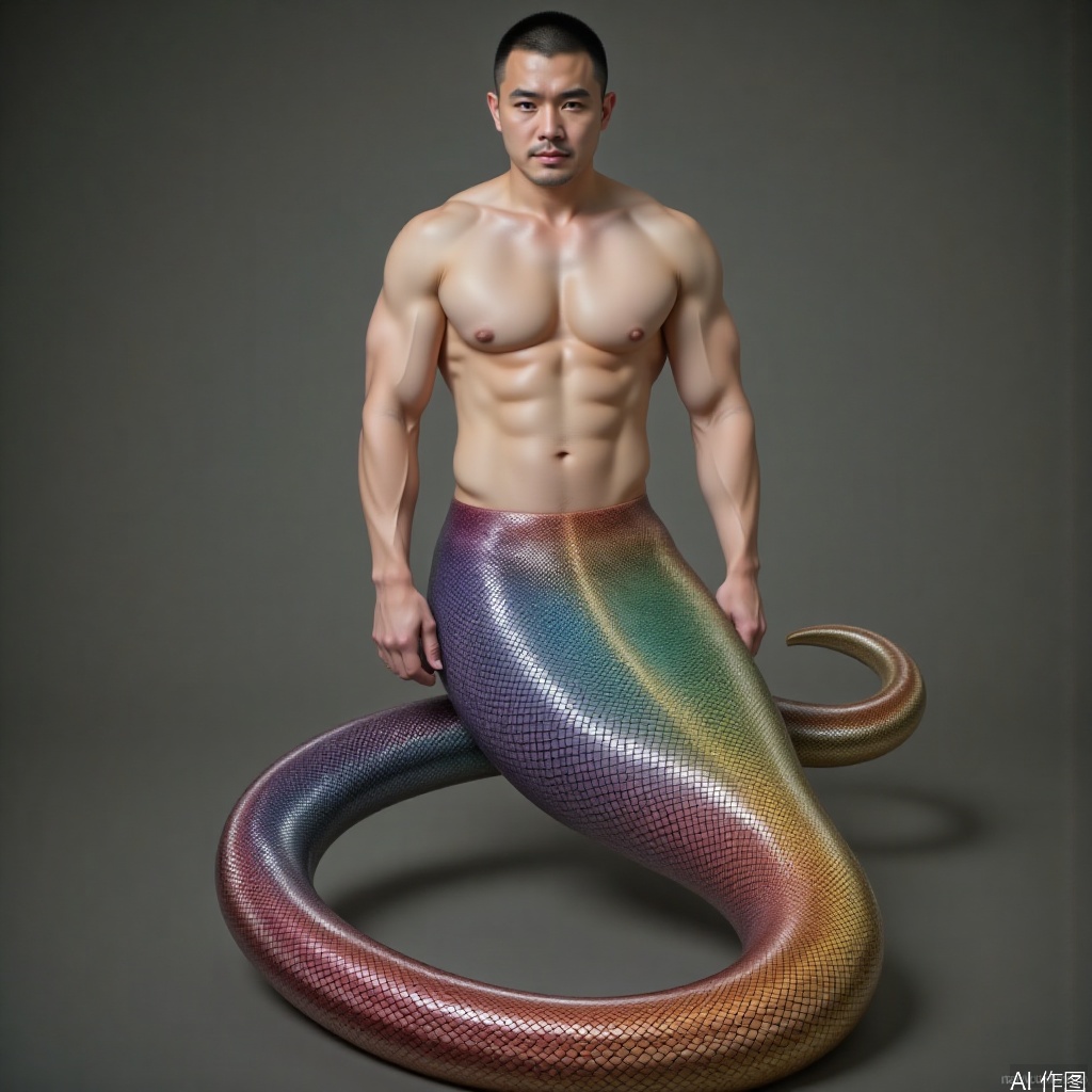 male,male human snake,Snake man male,Snake tail,Rainbow colored snake tail,Snake scales,handsome,East Asian appearance,The waist resembles a mermaid,1man,mature male,