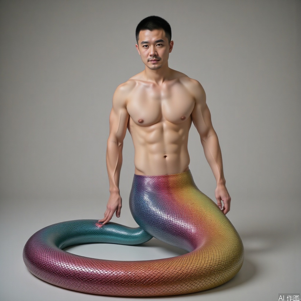 male,male human snake,Snake man male,Snake tail,Rainbow colored snake tail,Snake scales,handsome,East Asian appearance,The waist resembles a mermaid,1man,mature male,