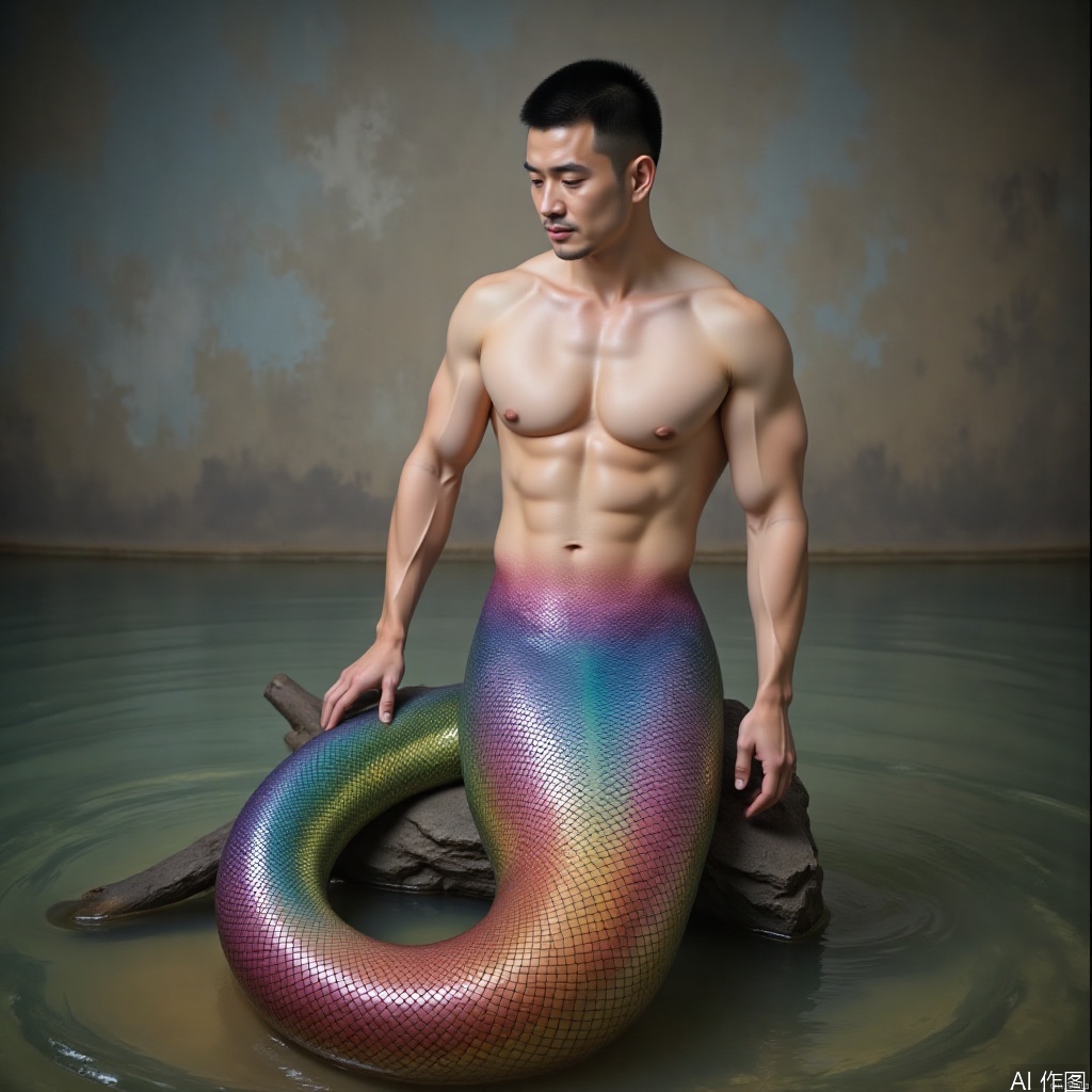 male,male human snake,Snake man male,Snake tail,Rainbow colored snake tail,Snake scales,handsome,East Asian appearance,The waist resembles a mermaid,1man,mature male,