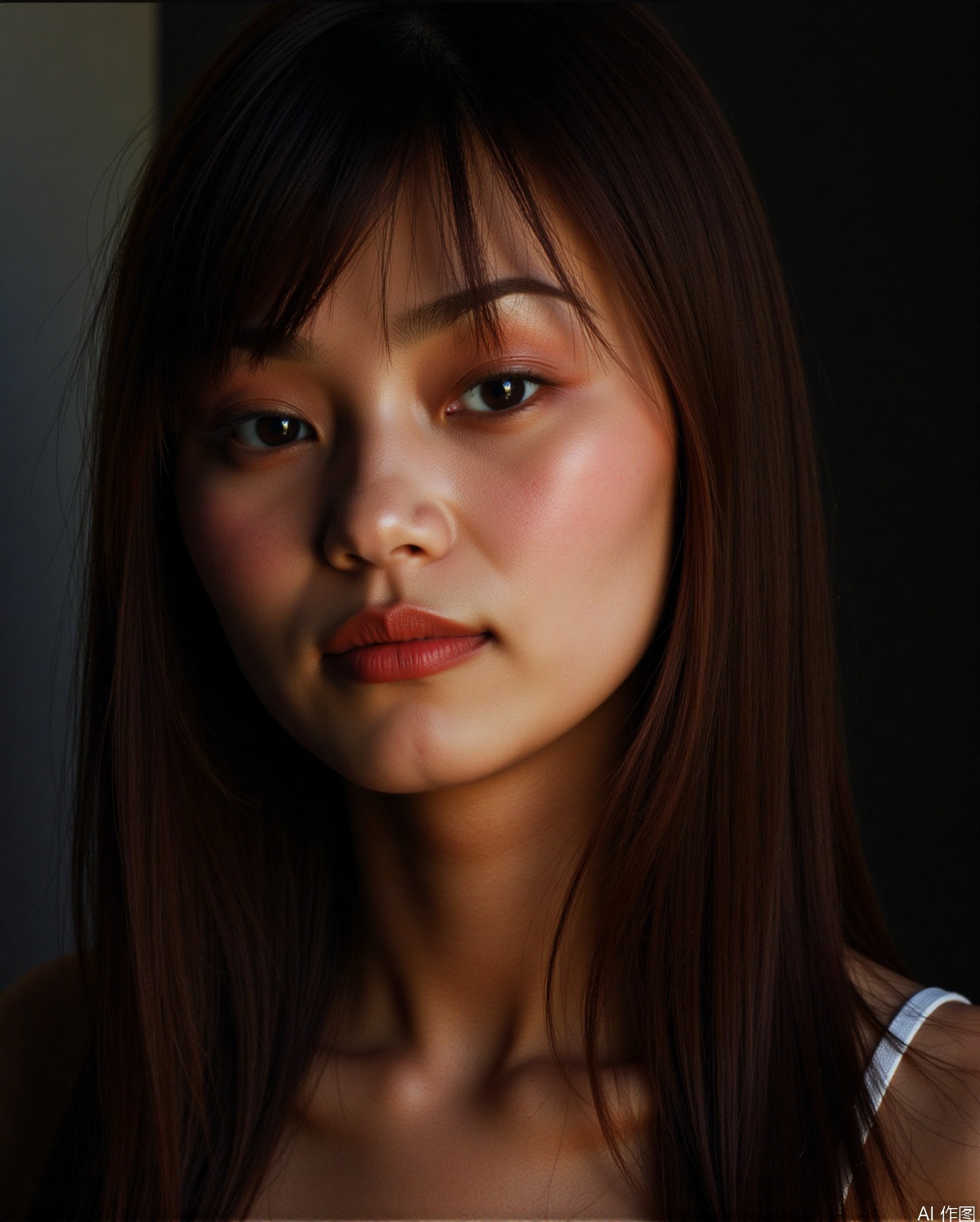 35mm film,BJ_Rainbow_light, 1girl, solo, long_hair, brown_hair, black_hair, brown_eyes, parted_lips, lips, realistic, nose, realistic,cinematic lighting,strong contrast,high level of detail,Best quality,masterpiece,