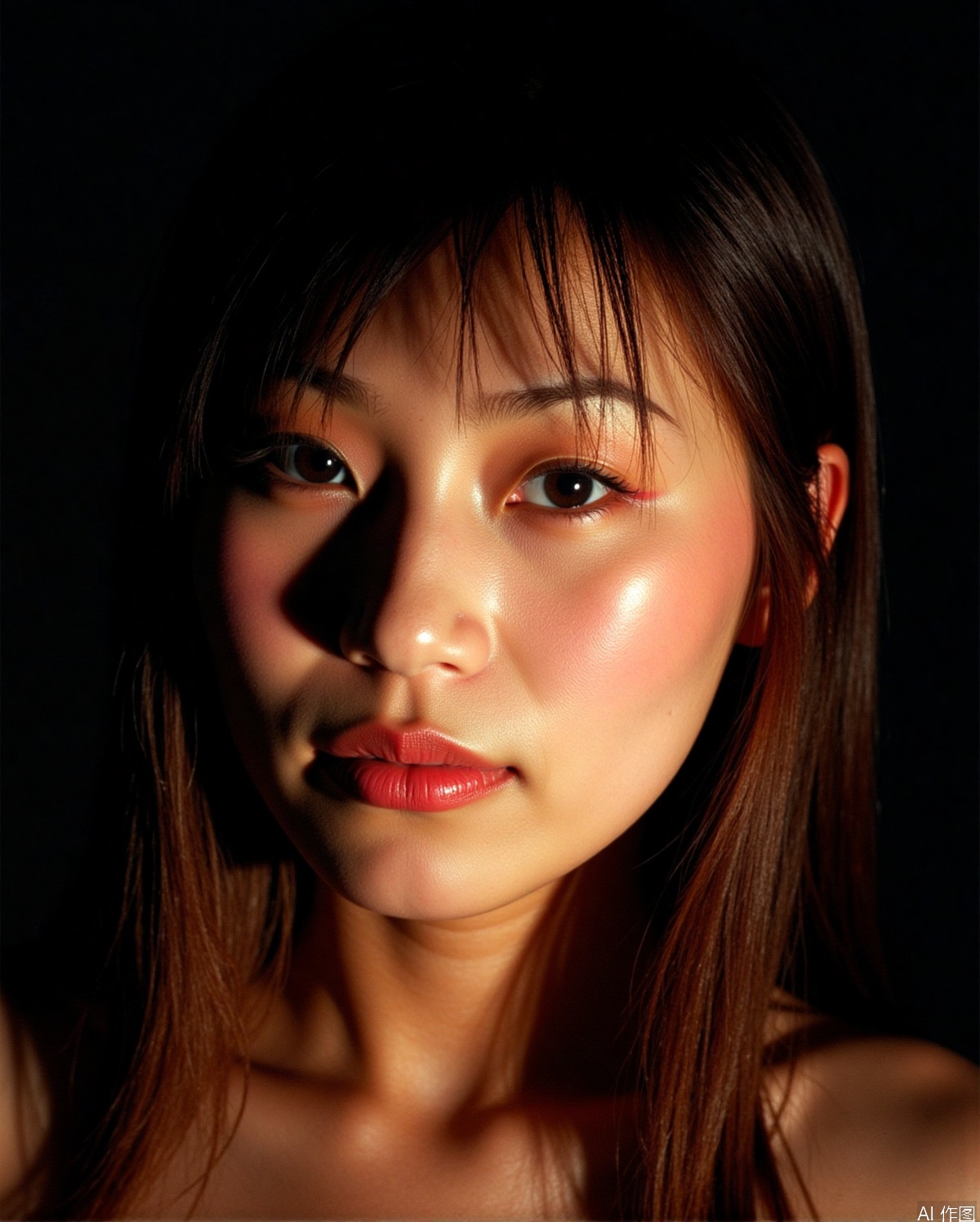 35mm film,BJ_Rainbow_light, 1girl, solo, long_hair, brown_hair, black_hair, brown_eyes, parted_lips, lips, realistic, nose, realistic,cinematic lighting,strong contrast,high level of detail,Best quality,masterpiece,