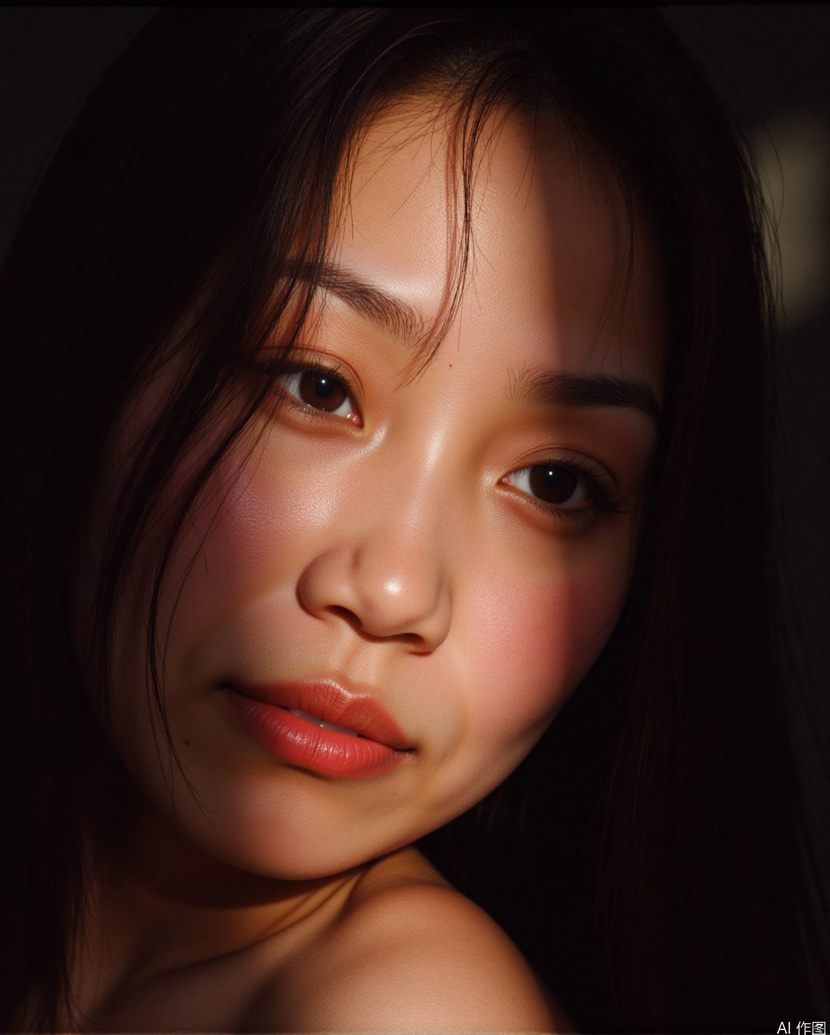 35mm film,BJ_Rainbow_light, 1girl, solo, long_hair, brown_hair, black_hair, brown_eyes, parted_lips, lips, realistic, nose, realistic,cinematic lighting,strong contrast,high level of detail,Best quality,masterpiece,