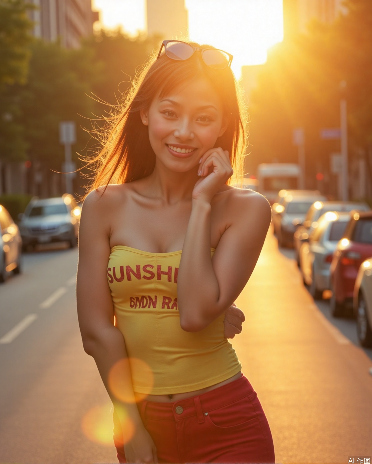 Vibrant morning light bathes the streets of Long Island, New York, as a stunning Asian beauty strikes a confident pose, sunglasses perched on her radiant face. Her strapless T-SHIRT showcases flat chest ,while tight hot pants accentuate toned legs. The words SUNSHINE are emblazoned across her chest vest, as she beams with warm, sunny smile, inviting the viewer in with cinematic camera movement and extreme skin texture detail.
