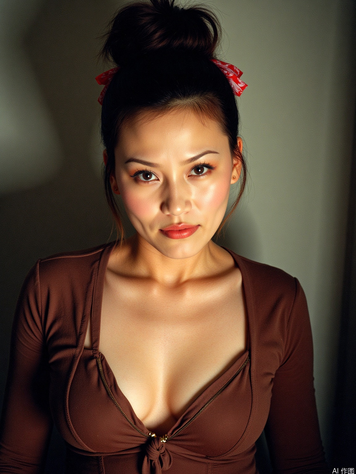 35mm film, 1 girl, solo, updo, prefect face, makeup, big tits, cleavage, sexy shirt, looking at viewer, bright lights, softbox lighting, upper body, epiCPhoto,