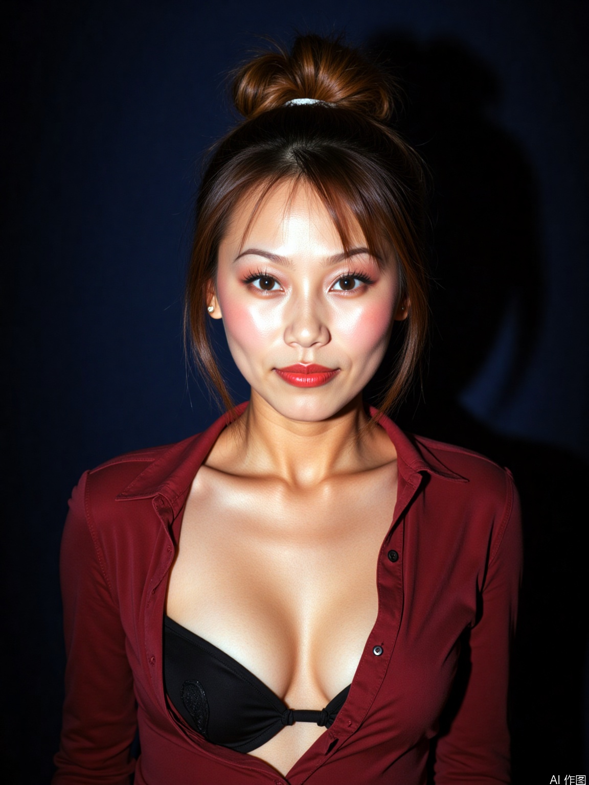 35mm film, 1 girl, solo, updo, prefect face, makeup, big tits, cleavage, sexy shirt, looking at viewer, bright lights, softbox lighting, upper body, epiCPhoto,