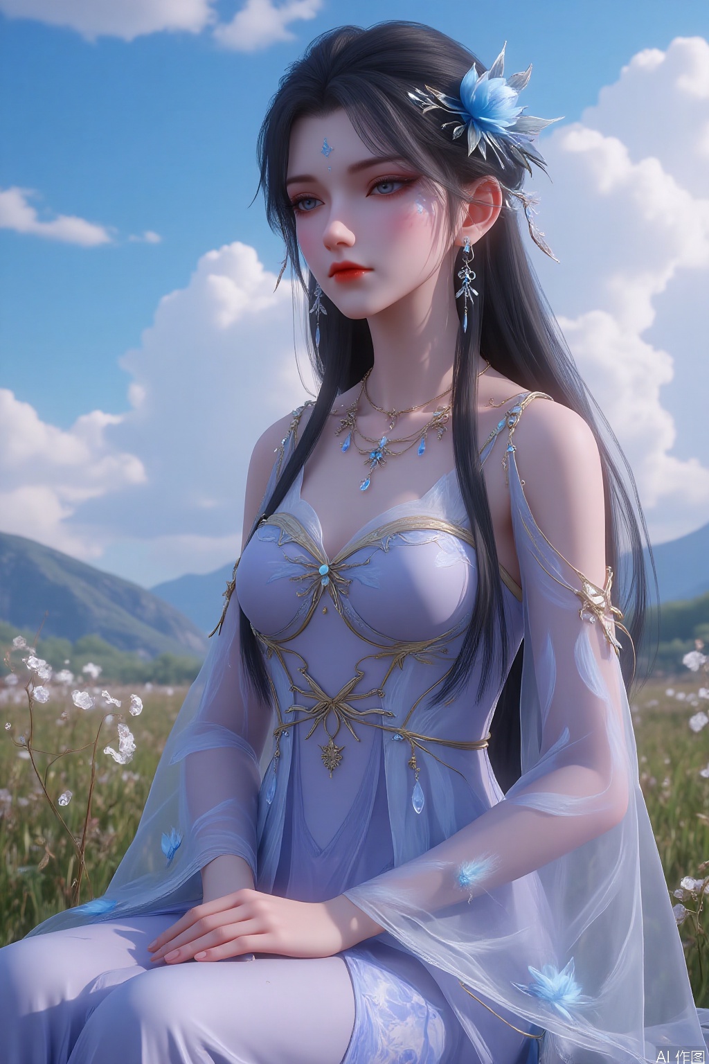 upper body,
sitting,
masterpiece,best quality,highly detailed,large_breasts,wide hips,absurdres,wallpaper,colorful,
1girl,(solo:1.2), long hair, looking at viewer, hair ornament,dress, jewelry,earrings,pseudo 3D,唯美,2.5dd,Xyirongyunxi,flower, outdoors, sky, day, cloud, blurry, tree, blue sky, no humans, depth of field, sunlight, cloudy sky, grass, plant, nature, scenery, mountain, sun,guofeng