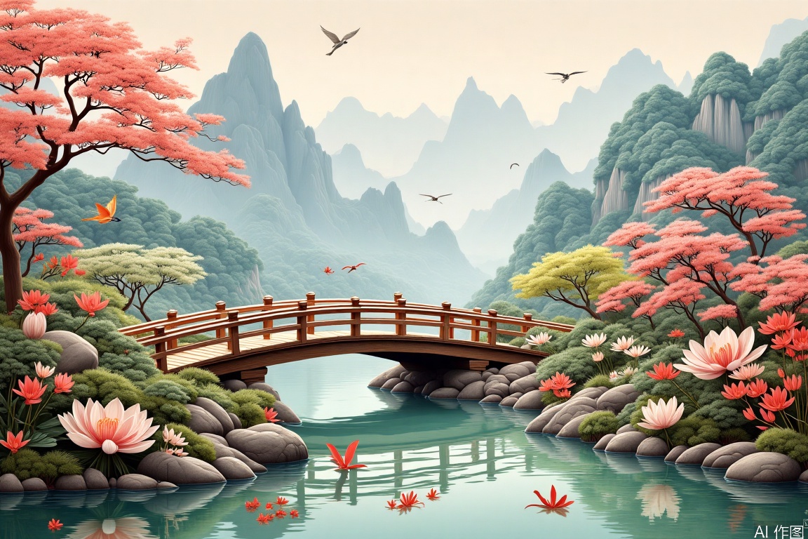 Small bridge and flowing water, green mountains, flowers and birds, Meticulous Chinese painting