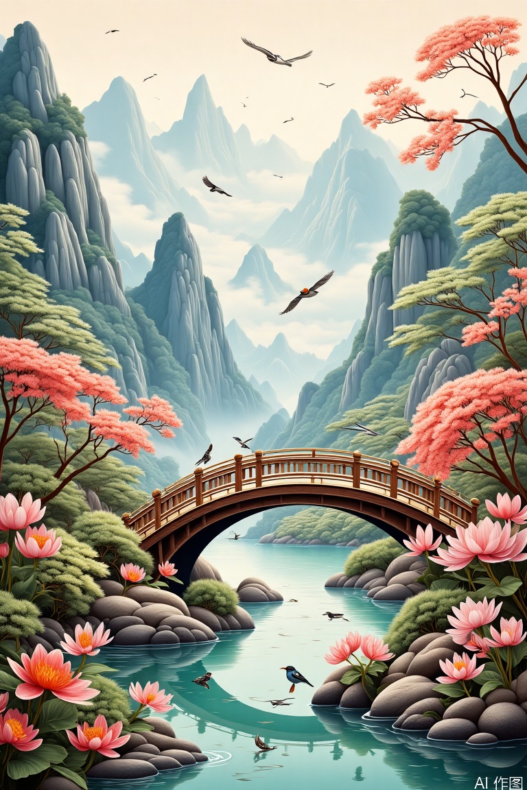 Small bridge and flowing water, green mountains, flowers and birds, Meticulous Chinese painting
