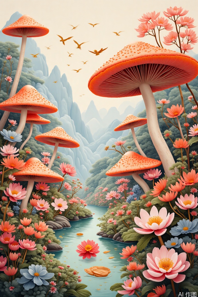 Mushroom city,Ancient costume, Meticulous Chinese painting