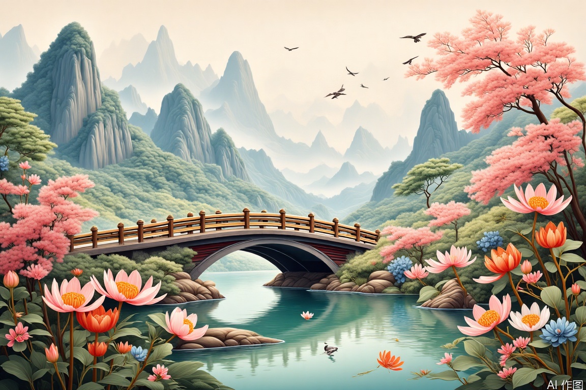 Small bridge and flowing water, green mountains, flowers and birds, Meticulous Chinese painting