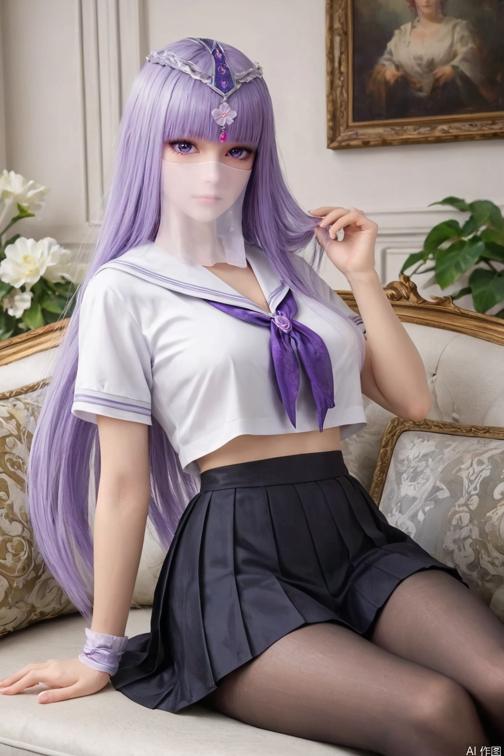 score_9,score_8_up,score_7_up,SSM, 1girl, solo, large breasts,( white sailor_shirt:1.3 ),(black pleated_skirt:1.3) ,indoor,looking at viewer, purple eyes, hair ornament, sitting,couch,black pantyhose , purple hair,veil