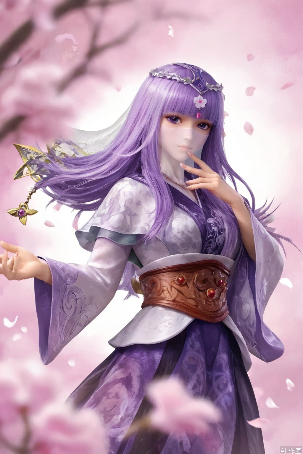 score_9,score_8_up,score_7_up,SSM, 1girl, solo, long hair, hair ornament, dress, purple eyes, purple hair, sash, petals, bug, gem, butterfly, veil