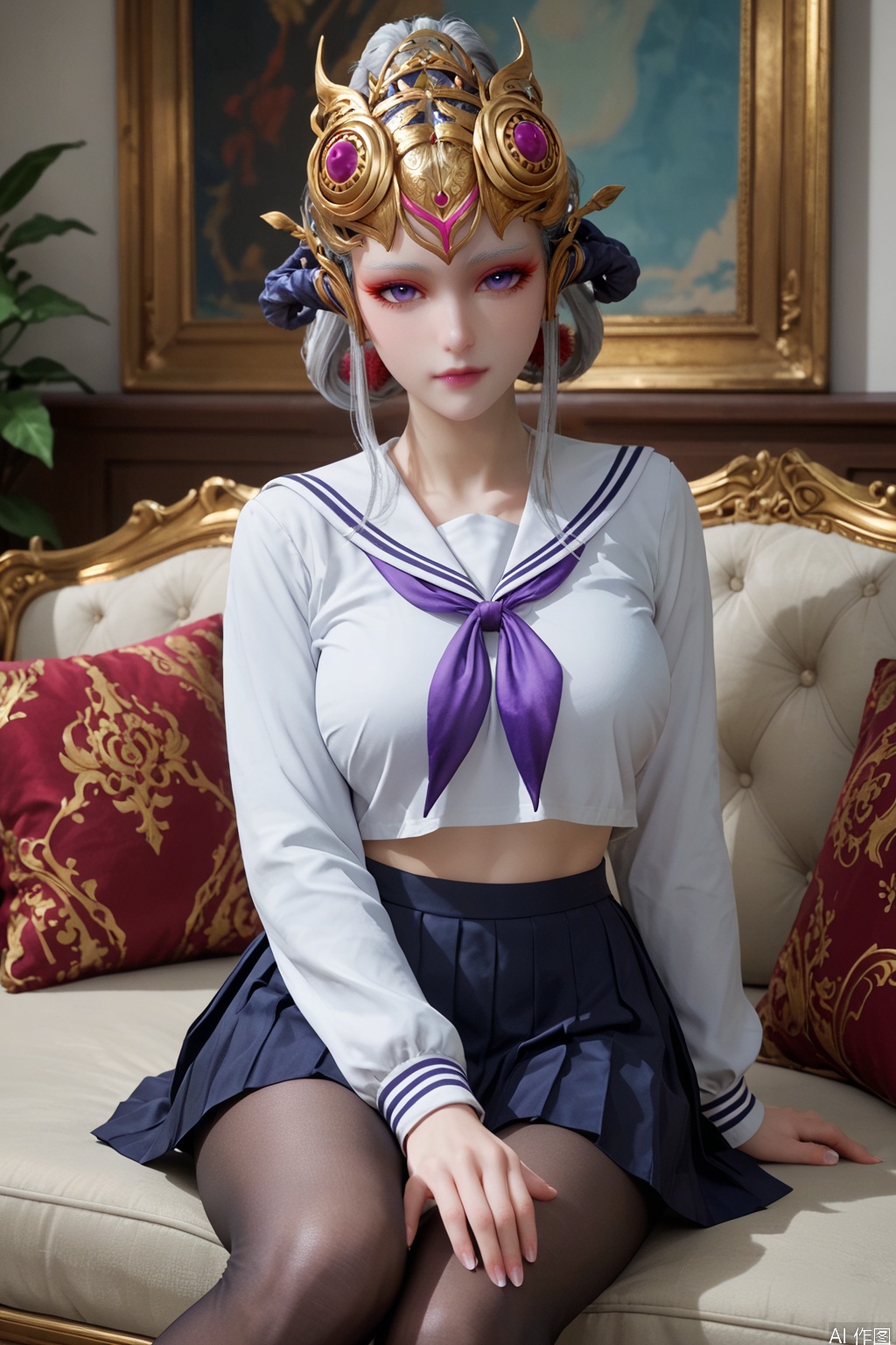 score_9,score_8_up,score_7_up,WDR, 1girl, solo, large breasts,( white sailor_shirt:1.3 ),(black pleated_skirt:1.3) ,indoor,looking at viewer, purple eyes, hair ornament, sitting,couch,black pantyhose , 