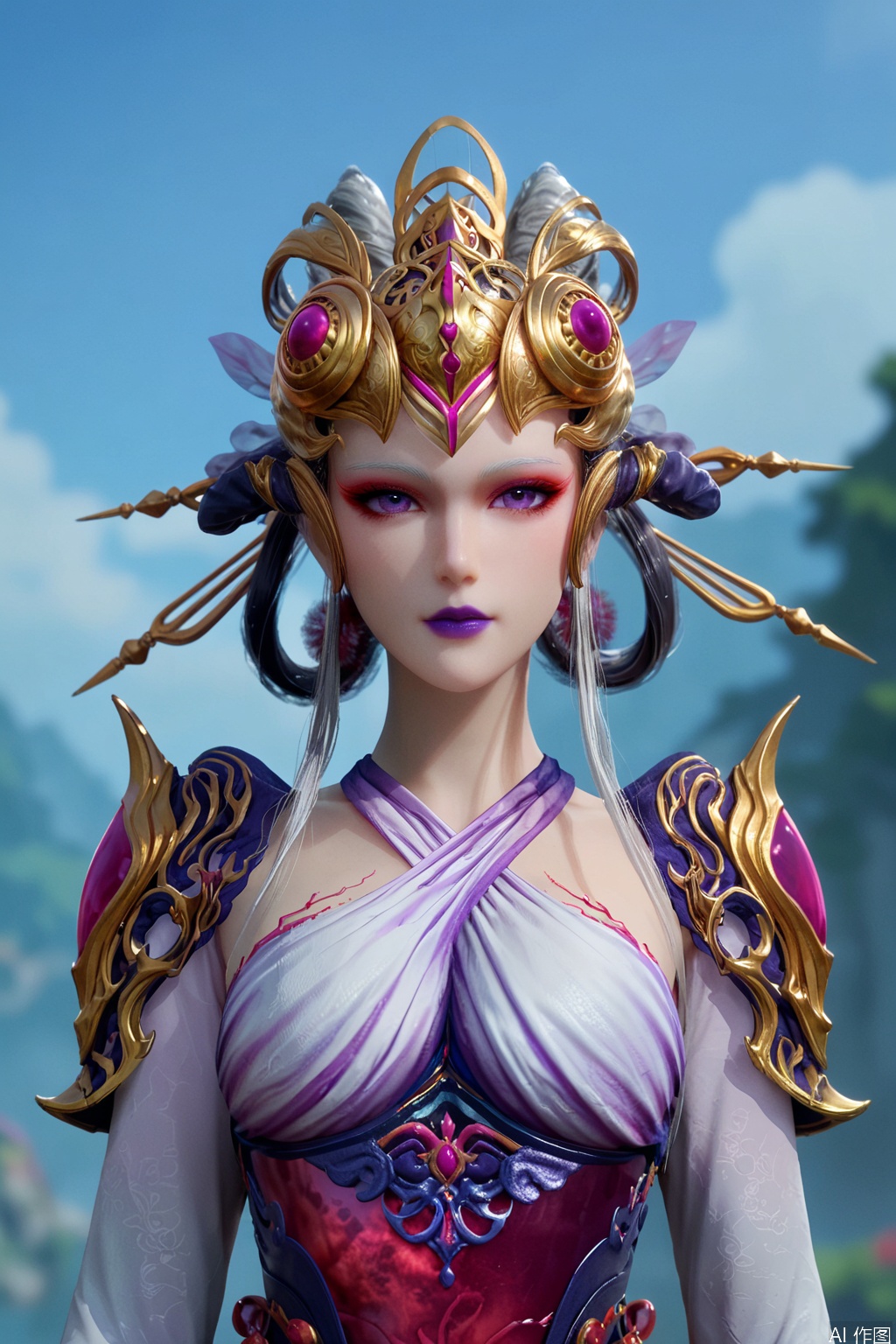 score_9,score_8_up,score_7_up,WDR, 1girl, solo, looking at viewer, hair ornament, dress, purple eyes, upper body, armor, makeup, lipstick, hair rings, purple lips, 