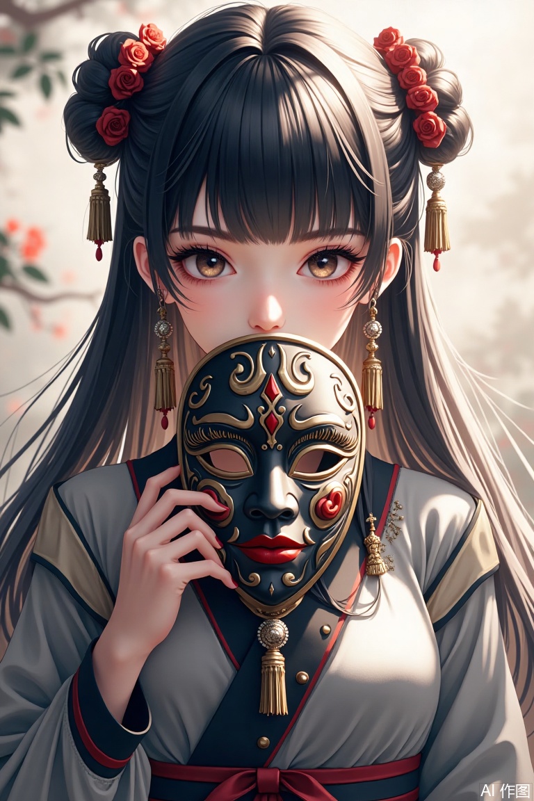 1girl, solo, long hair, looking at viewer, bangs, black hair, hair ornament, long sleeves, holding, brown eyes, jewelry, upper body, earrings, hand up, blurry, black eyes, makeup, mask, tassel, covered mouth, mask removed, holding mask,Mask,Colorful