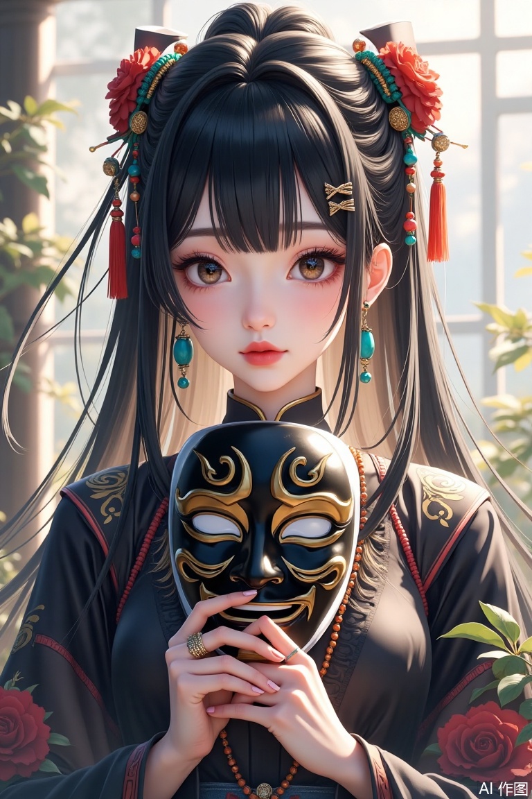 1girl, solo, long hair, looking at viewer, bangs, black hair, hair ornament, long sleeves, holding, jewelry, closed mouth, upper body, braid, earrings, hand up, necklace, blurry, lips, makeup, mask, blurry background, chinese clothes, ring, plant, tassel, hair over shoulder, beads, red lips, bead necklace, mask removed, holding mask,Colorful,Mask