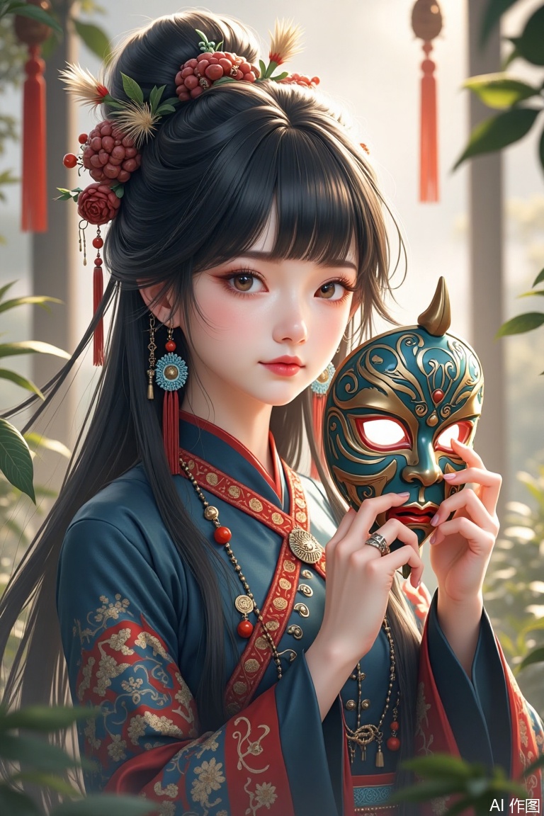 1girl, solo, long hair, looking at viewer, bangs, black hair, hair ornament, long sleeves, holding, jewelry, closed mouth, upper body, braid, earrings, hand up, necklace, blurry, lips, makeup, mask, blurry background, chinese clothes, ring, plant, tassel, hair over shoulder, beads, red lips, bead necklace, mask removed, holding mask,Colorful,Mask