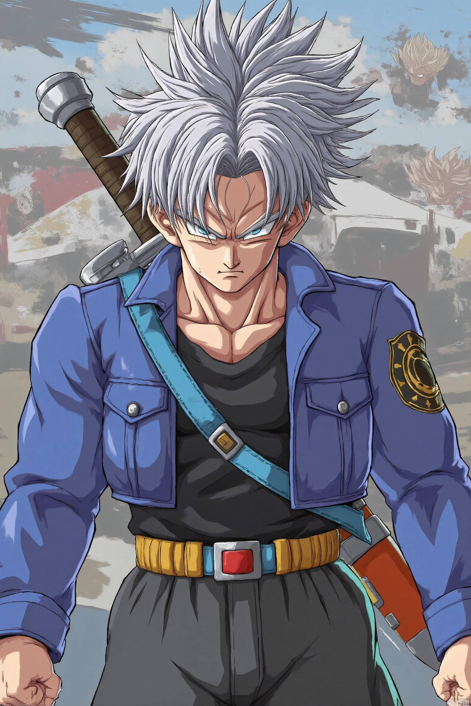 solo, looking at viewer, blue eyes, shirt, 1boy, closed mouth, jacket, upper body, weapon, male focus, belt, sword, black shirt, frown, ground vehicle, serious, trunks \(dragon ball\)