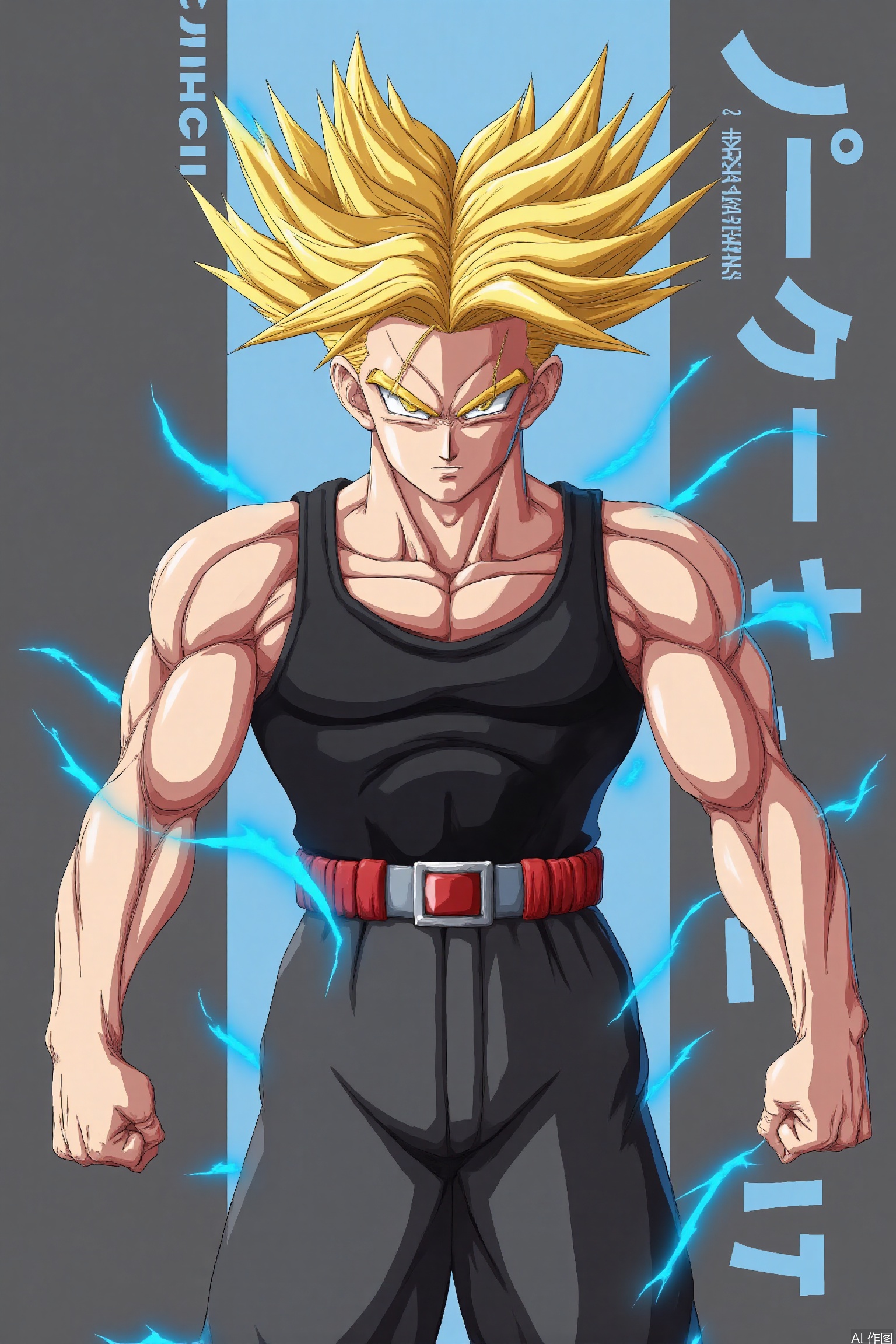 The image depicts a muscular character with spiky blond hair standing confidently. The character is wearing a black sleeveless top and black pants, with a red belt and a gold buckle. The character's arms are flexed, and there are blue energy lines emanating from their body, suggesting they are in a powerful or dynamic state. The background is a gradient of light blue and dark gray, with Japanese text on the right side of the image. The text reads "ワンピール" (unpipel) and "ルズエン" (Luzien). The overall style is reminiscent of anime or manga art.