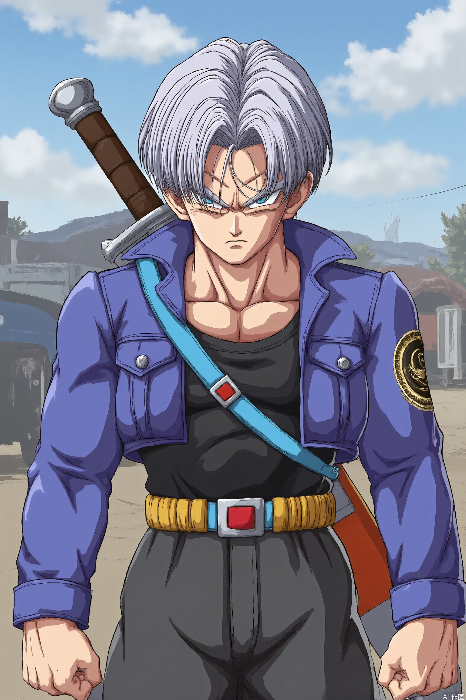 solo, looking at viewer, blue eyes, shirt, 1boy, closed mouth, jacket, upper body, weapon, male focus, belt, sword, black shirt, frown, ground vehicle, serious, trunks \(dragon ball\)