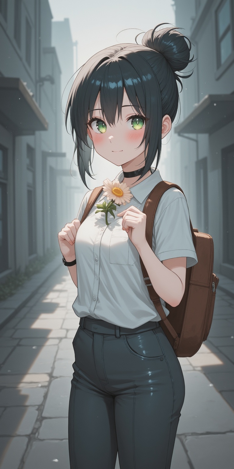 closed mouth,  hair bun,  rain on Tensor.Art