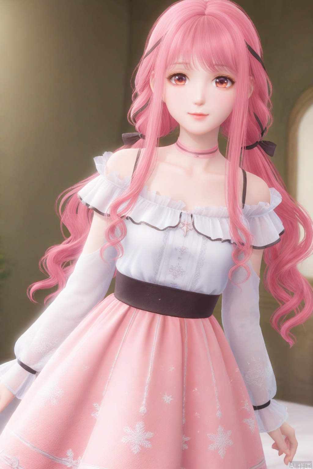 score_9,1girl,twintails,pink hair,dress,looking at viewer,wavy hair,Maiden