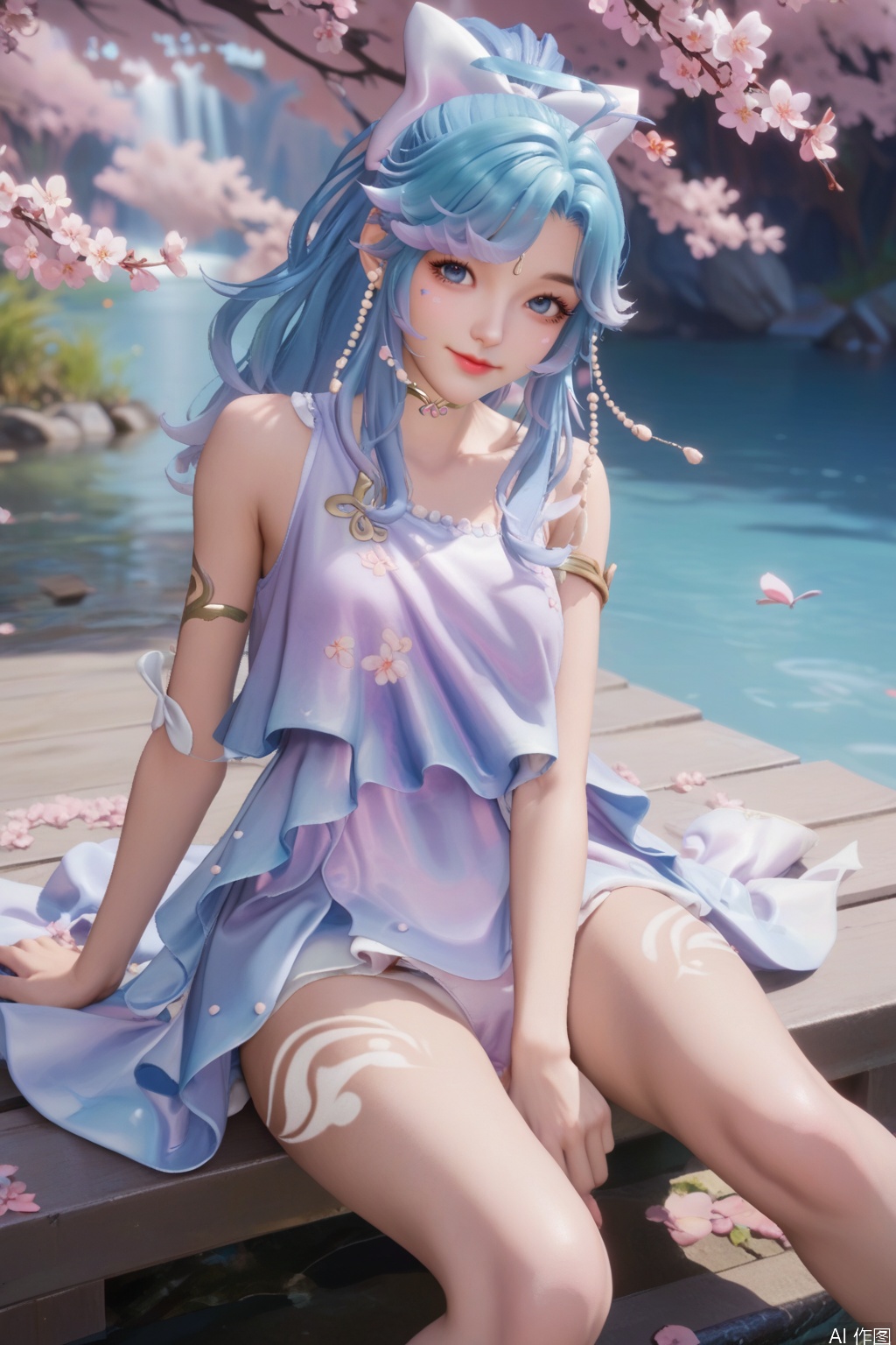 score_9,score_8_up,score_7_up,1girl,solo,long hair,looking at viewer,jewelry,bangs,blue eyes,dress,bow,blue hair,collarbone,ponytail,hair bow,multicolored hair,white bow,armlet,cherry blossoms,legs,(legs tattoo:1.2),Thin legs,holding underwear,smile,from above,fetal position