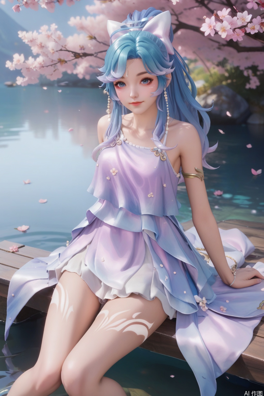 score_9,score_8_up,score_7_up,1girl,solo,long hair,looking at viewer,jewelry,bangs,blue eyes,dress,bow,blue hair,collarbone,ponytail,hair bow,multicolored hair,white bow,armlet,cherry blossoms,legs,(legs tattoo:1.2),Thin legs,holding underwear,smile,from above,fetal position