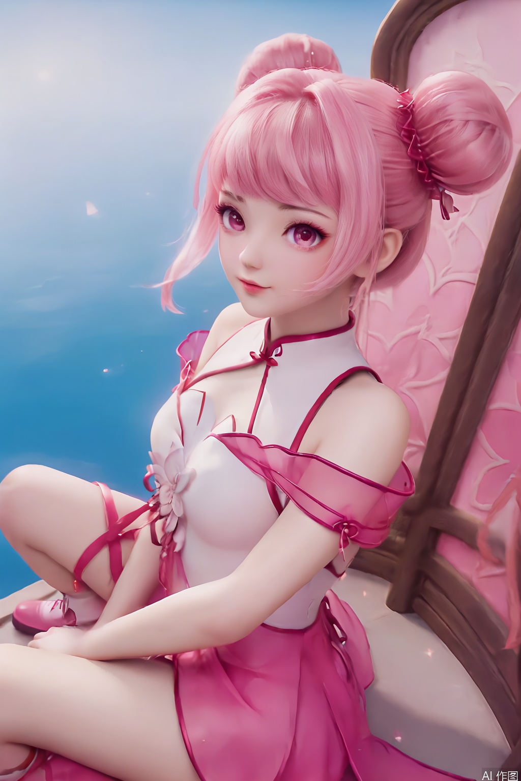 masterpiece, best quality, masterpiece,best quality,official art,extremely detailed CG unity 8k wallpaper,1girl,solo,long hair,looking at viewer,dress,pink hair,pink eyes,hair bun,double bun,pink dress,bangs,hair ornament,bare shoulders,chinese clothes,pink footwear,white footwear, leg ribbon,sitting,from above,trembling,(trembling:1.2)