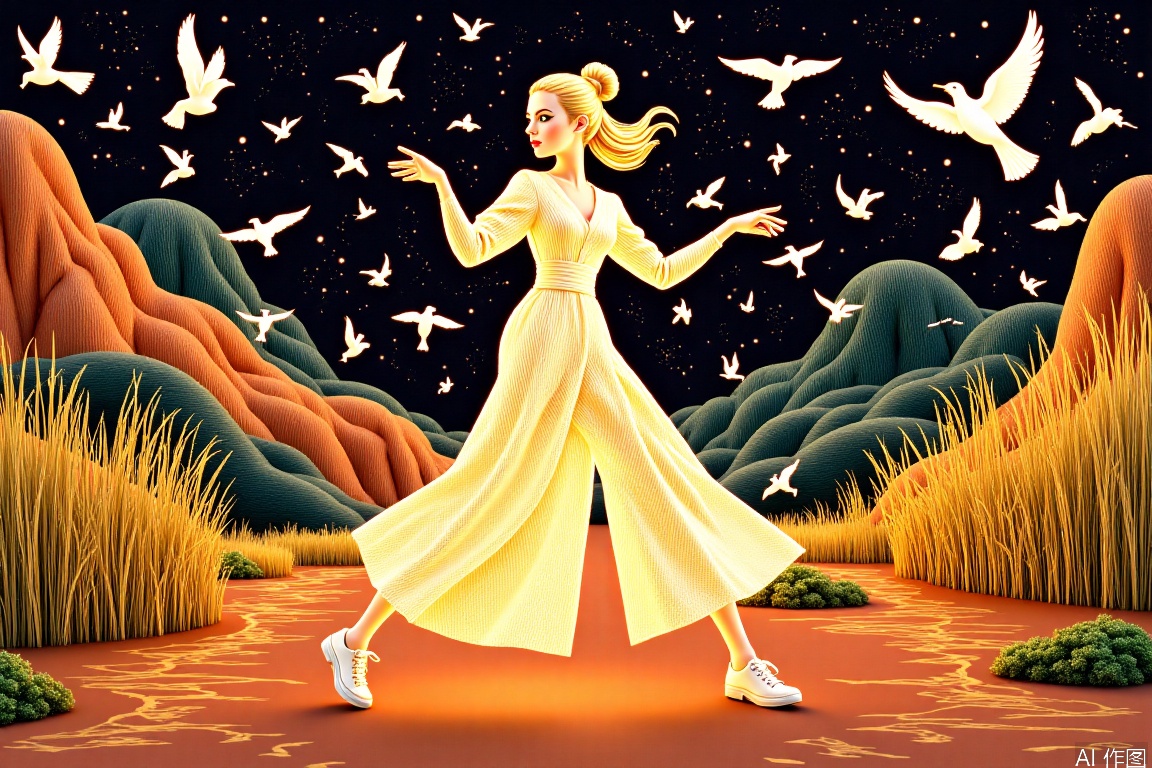 (Flat color: 1.2) Imitate Herm è s illustration style and showcase the fashion brand's style guidance with a rich and colorful background. The exhibition showcases a fashionable girl's fantasies, dreams, and myths about spring; High definition, soft, and clear image quality; Clear and complete facial features, visually added with handbags, scarves, high heels, sports shoes, large trees, birds, rice paddies, graphics, girls, and a model named Bailing_model,Light strip art,Figure composed of light,Light - themed,Expansion art,Light - themed, A surname