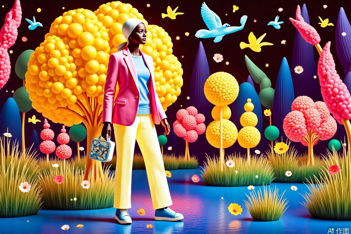 (Flat color: 1.2) Imitate Herm è s illustration style and showcase the fashion brand's style guidance with a rich and colorful background. The exhibition showcases a fashionable girl's fantasies, dreams, and myths about spring; High definition, soft, and clear image quality; Clear and complete facial features, visually added with handbags, scarves, high heels, sports shoes, large trees, birds, rice paddies, graphics, girls, and a model named Bailing_model,Light strip art,Figure composed of light,Light - themed,Expansion art