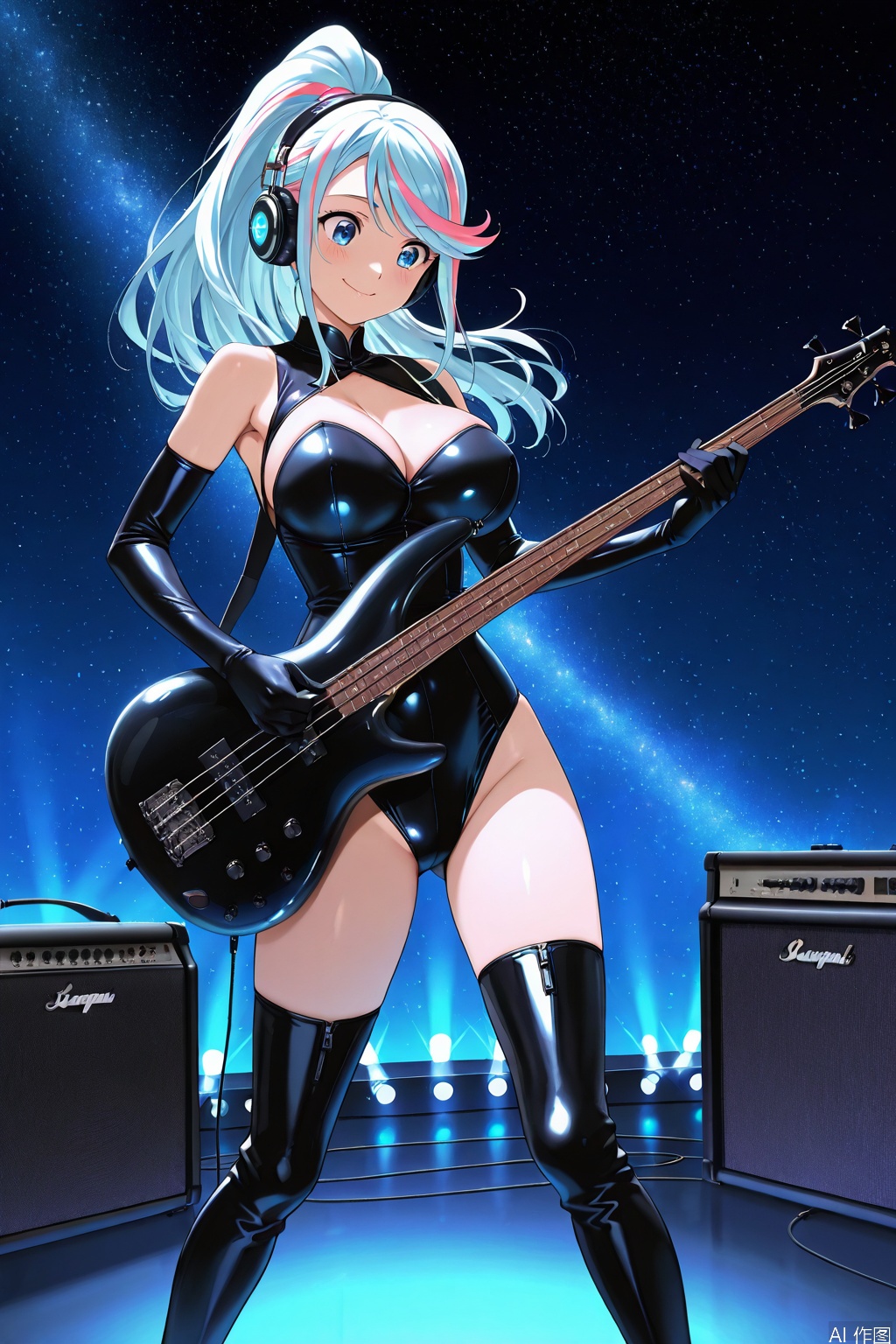masterpiece,best quality,amazing quality,japan anime screencap,
1girl, playing bass guitar,big breast,solo,
beautiful eyes,long hair,streaked hair,swept bangs,high ponytail,little smile,
leotard,
elbow gloves,lovestruck,headphone,thighboots,
speaker,amplifier,stage,starry sky,