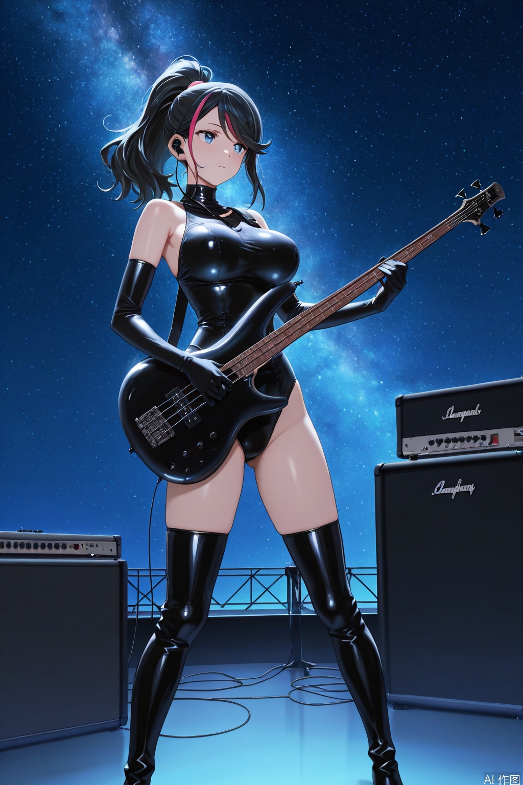 masterpiece,best quality,amazing quality,japan anime screencap,
1girl, playing bass guitar,big breast,solo,
beautiful eyes,long hair,streaked hair,swept bangs,high ponytail,
leotard,
elbow gloves,lovestruck,headphone,thighboots,
speaker,amplifier,stage,starry sky,