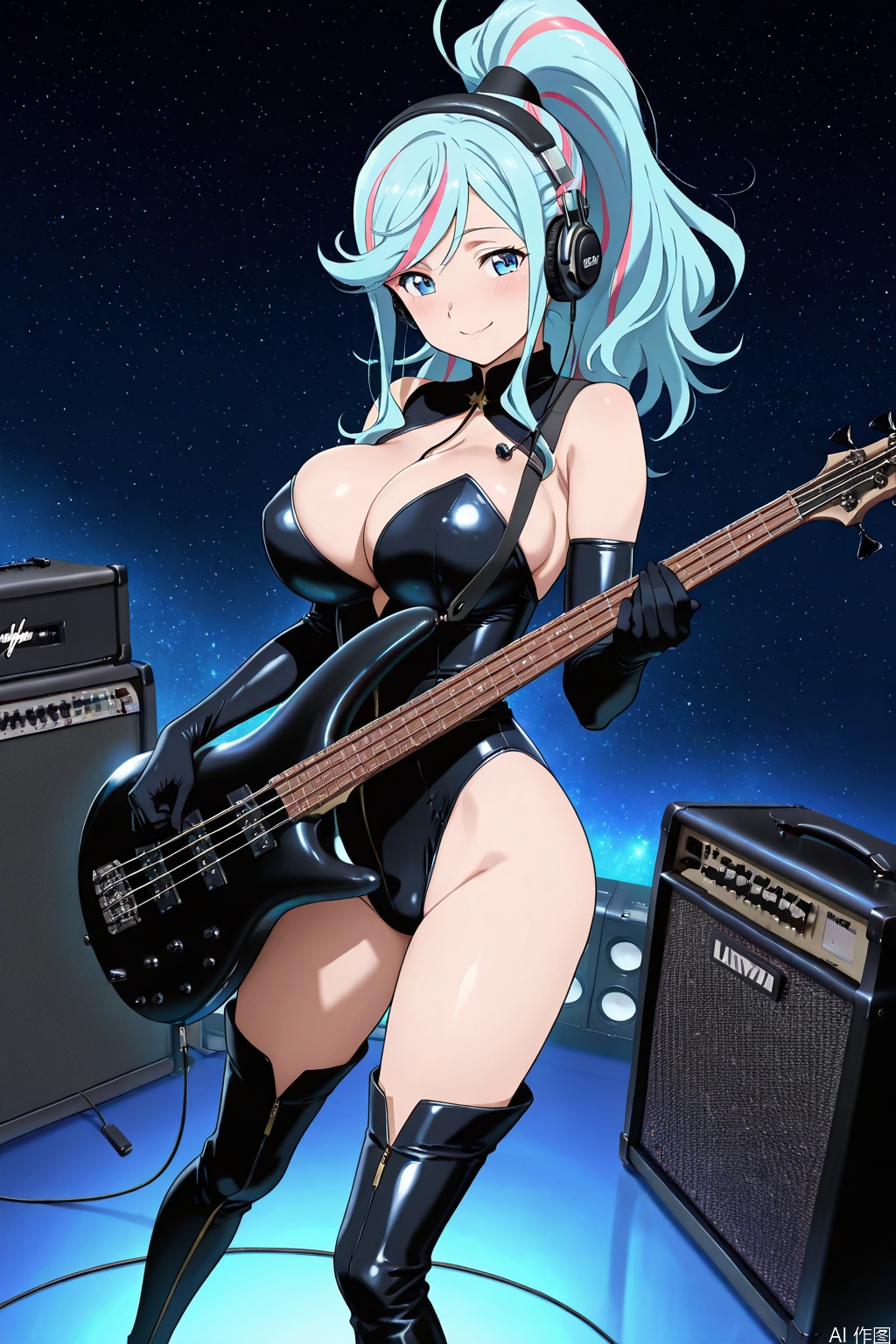 masterpiece,best quality,amazing quality,japan anime screencap,
1girl, playing bass guitar,big breast,solo,
beautiful eyes,long hair,streaked hair,swept bangs,high ponytail,little smile,
leotard,
elbow gloves,lovestruck,headphone,thighboots,
speaker,amplifier,stage,starry sky,