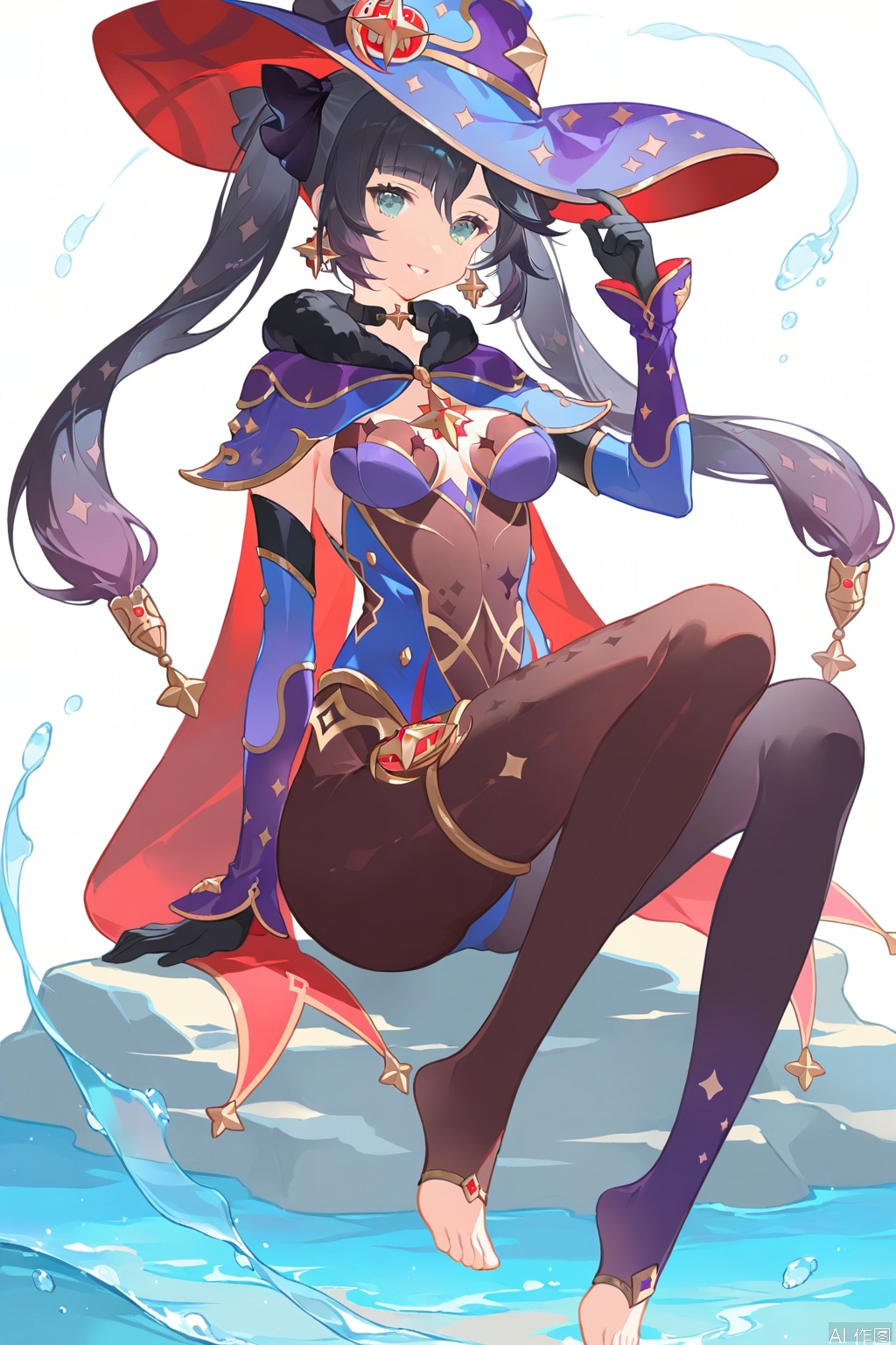 1girl, mona_\(genshin_impact\), solo, witch_hat, hat, twintails, breasts, leotard, feet, sitting, long_hair, looking_at_viewer, toes, pantyhose, jewelry, smile, earrings, black_hair, water, choker, barefoot, black_pantyhose, white_background, detached_sleeves, blue_leotard, toeless_legwear, cape, parted_lips, covered_navel, medium_breasts, green_eyes, star_\(symbol\)