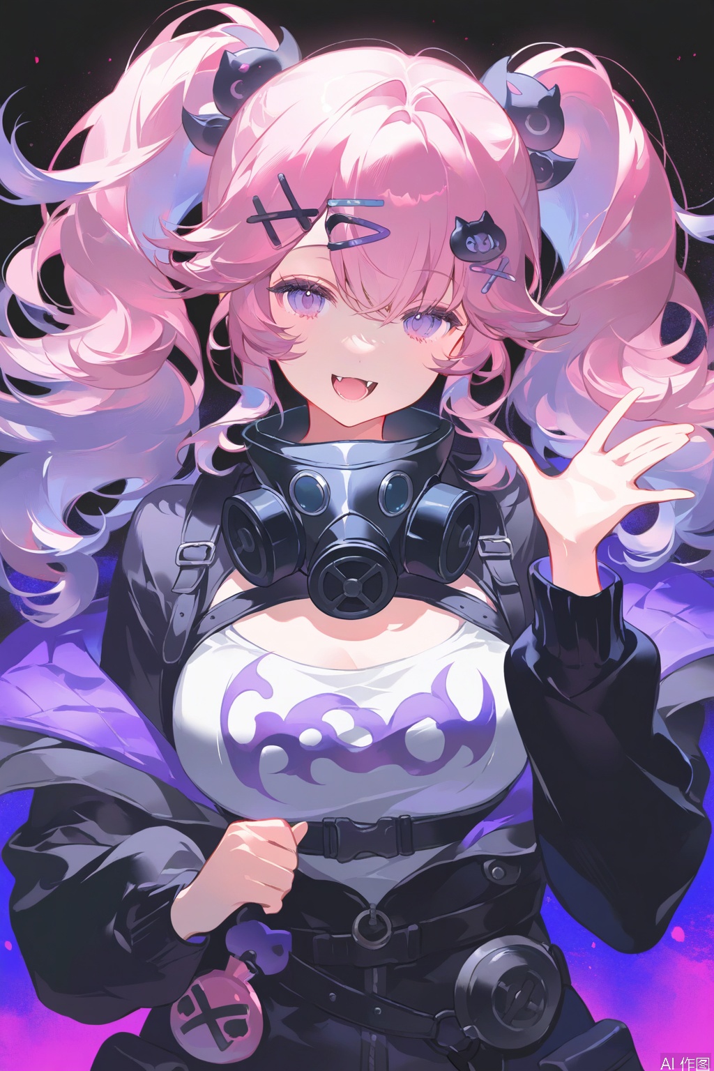 1girl, solo, hair_ornament, mask, long_hair, smile, twintails, pink_hair, fangs, gas_mask, looking_at_viewer, jacket, hairclip, black_jacket, open_mouth, purple_eyes, long_sleeves, hand_up, :d, shirt, upper_body, breasts, open_clothes