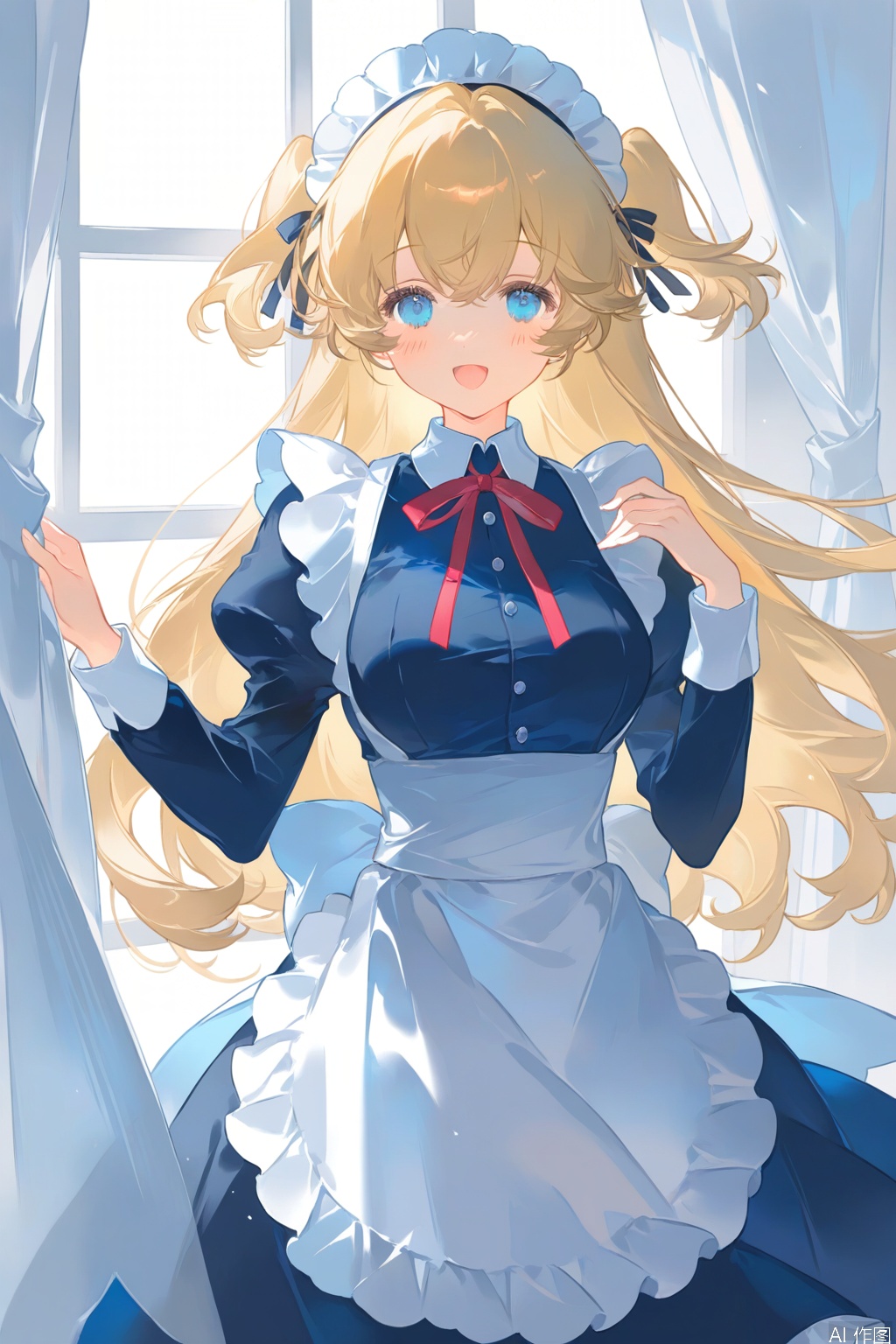 1girl, solo, maid, maid_headdress, blue_eyes, long_hair, blonde_hair, apron, window, looking_at_viewer, smile, maid_apron, breasts, long_sleeves, open_mouth, indoors, ribbon, dress, two_side_up, white_apron, curtains, frills, red_ribbon, blush