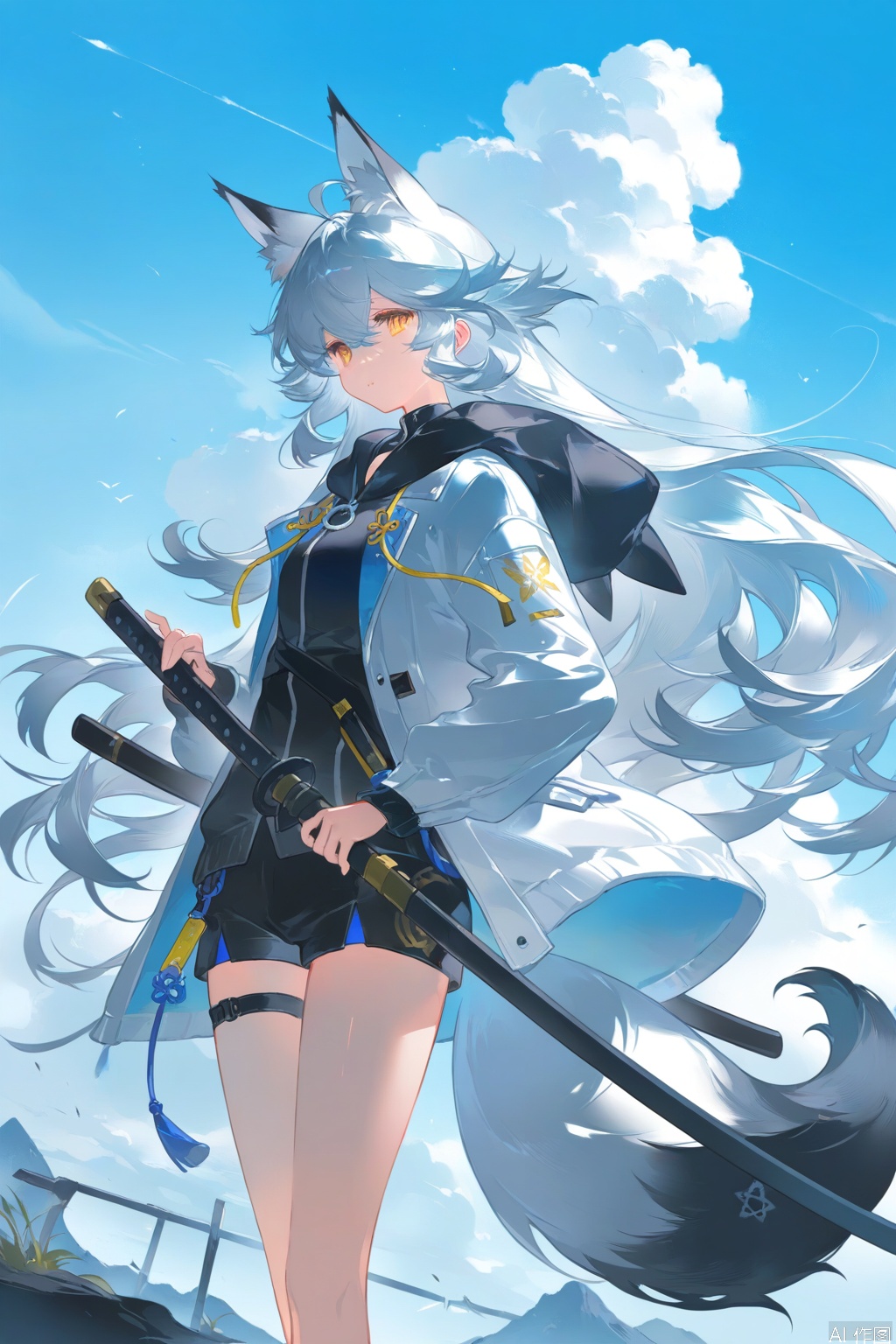 1girl, long_hair, solo, animal_ears, weapon, sword, holding, looking_at_viewer, fox_ears, white_hair, tail, holding_weapon, holding_sword, jacket, shorts, fox_tail, yellow_eyes, extra_ears, outdoors, black_shorts, fox_girl, sky, katana, dutch_angle, hood, sheath, standing, ahoge, cloud, very_long_hair, hooded_jacket, short_shorts, animal_ear_fluff, hood_down, looking_back