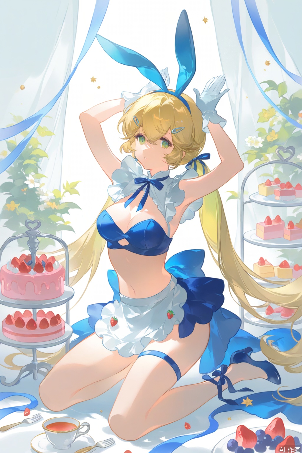 high_heels, 1girl, solo, long_hair, breasts, rabbit_ears, looking_at_viewer, cup, animal_ears, strawberry, navel, food, gloves, green_eyes, twintails, fake_animal_ears, fruit, kneeling, ribbon, white_gloves, arms_up, very_long_hair, medium_breasts, barefoot, cake, fork, teacup, apron, hair_ornament, low_twintails, blue_ribbon, stomach, waist_apron, parted_lips, frills, blonde_hair, hairclip, thighs, shoes, blue_footwear